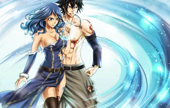 Girl, blood, anime, art, guy, two, wounds, Fairy Tail