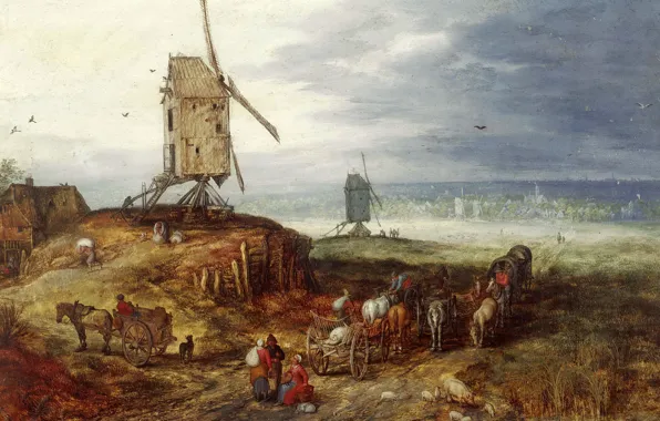 House, people, picture, wagon, Jan Brueghel the elder, Landscape with a Windmill