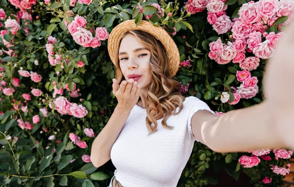 Summer, girl, joy, flowers, smile, roses, positive, hat