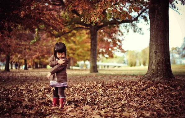 Autumn, leaves, trees, Park, child, boots, girl, jacket