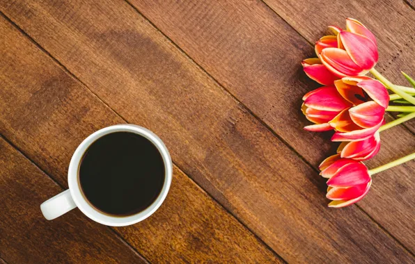 Flowers, coffee, bouquet, Cup, tulips, red, red, wood