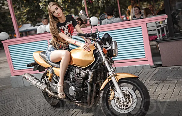 Picture look, girl, pose, t-shirt, motorcycle, long hair, Anton Kharisov, Anna Glivenko