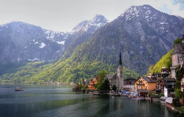 Mountains, lake, coast, home, Austria, Church, Austria