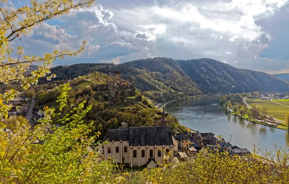 Picture forest, the sun, clouds, mountains, branches, river, castle, field