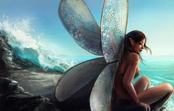 Sea, wave, look, hair, wings, fairy, art, profile