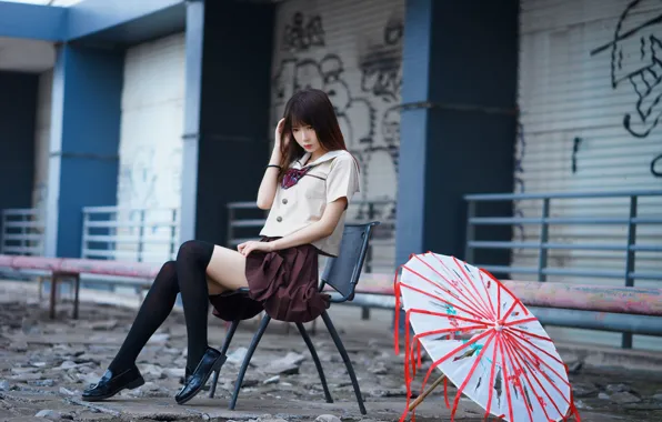 Beautiful, Asian, Model, Street, Umbrella, Woman, Chair, Pretty