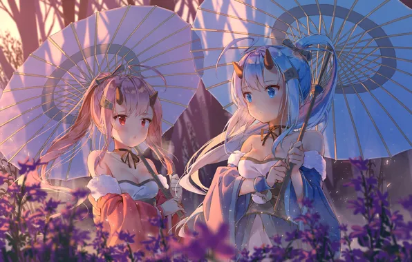 Picture girl, umbrella, horn