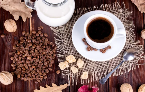 Leaves, coffee, grain, milk, Cup, nuts, cup, nuts