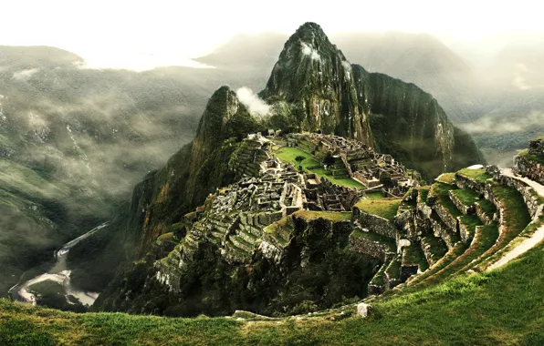 Clouds, river, mountain, stage, Peru, Machu Picchu, city of the Incas