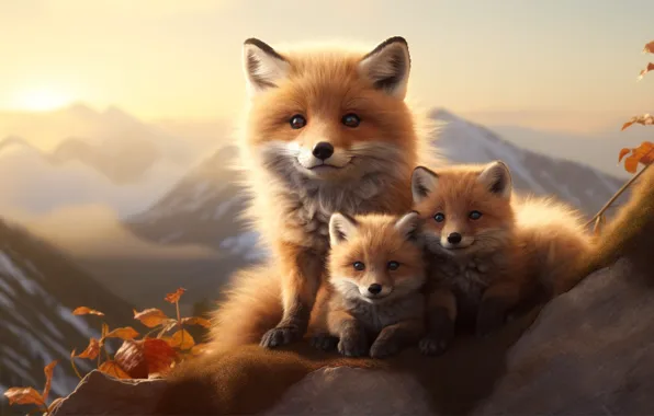 Look, mountains, nature, Fox, Fox, mom, family, faces