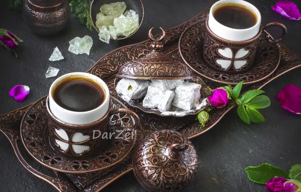 Picture coffee, briar, dishes, bronze, Turkish delight