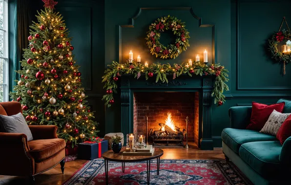 Room, tree, interior, Christmas, New year, fireplace, Christmas, view