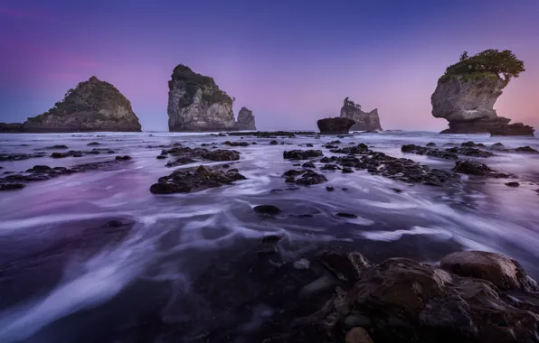 Sea, purple, the sky, landscape, nature, stones, rocks, lilac