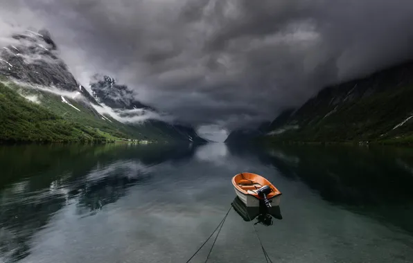 Mountains, nature, boat, pond, storm clouds, boat, gloomy sky