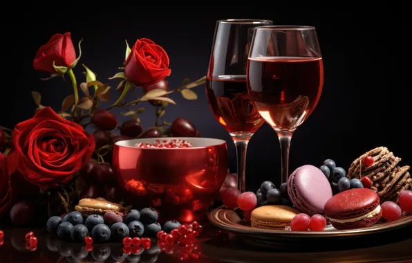 Flowers, berries, table, holiday, wine, red, roses, bouquet