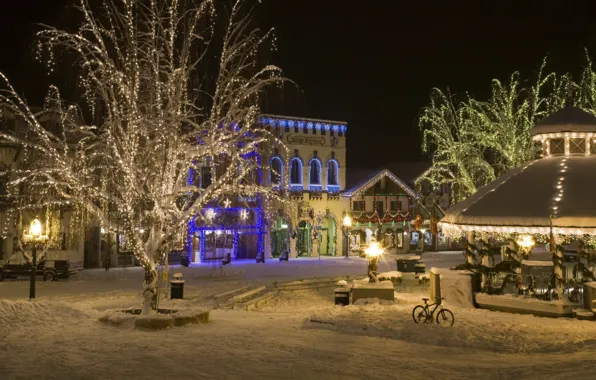 Snow, night, the city, lights, holiday, street, new year, lights