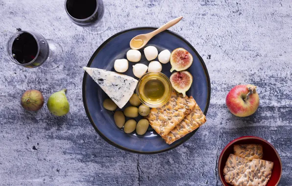 Wine, apples, cheese, honey, olives, Dor blue, figs, Cheese