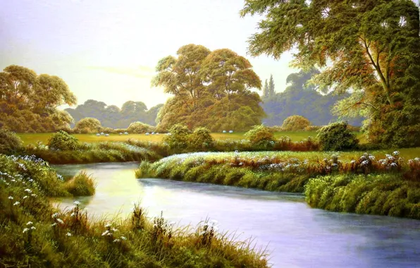 Trees, landscape, flowers, river, glade, painting, Terry Grundy, Autumn Coming