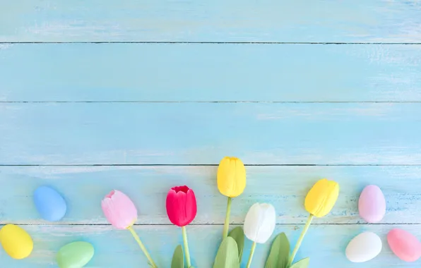 Picture flowers, eggs, spring, colorful, Easter, tulips, wood, flowers