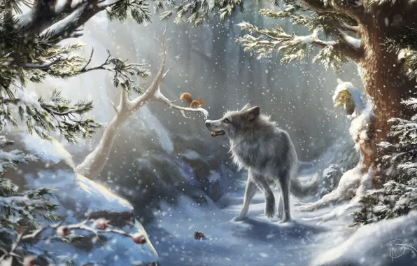 Winter, forest, snow, trees, branches, wolf, protein, Marie Beschorner