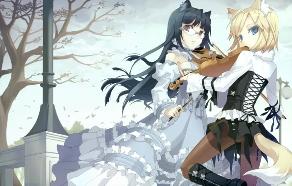 Trees, girls, anime, ears, tails, tokyo cpe - gothic, violin, h2so4