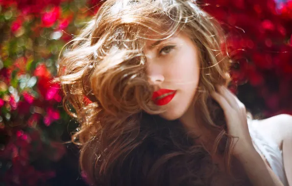 Summer, look, girl, flowers, face, hair, garden, curls