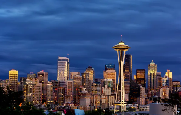 Lights, skyscrapers, the evening, USA, Seattle