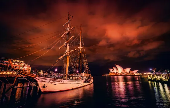 Picture night, sailboat, Bay, pier, Australia, Sydney, Australia, Sydney