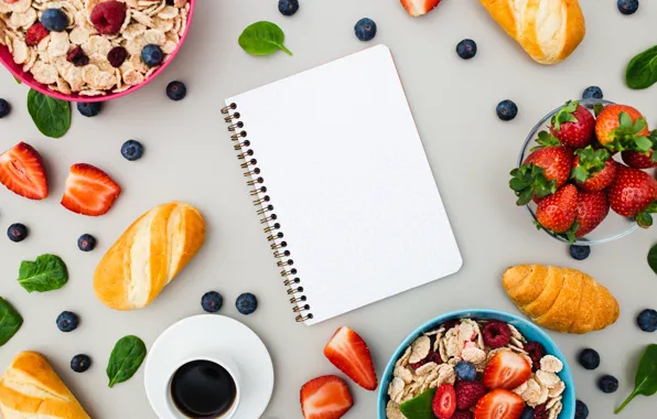 Berries, background, blueberries, strawberry, Notepad, cereal