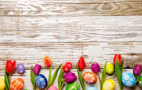 Picture colorful, Easter, tulips, happy, wood, flowers, tulips, spring