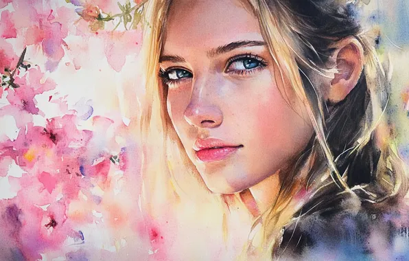 Look, girl, light, flowers, branches, face, portrait, spring