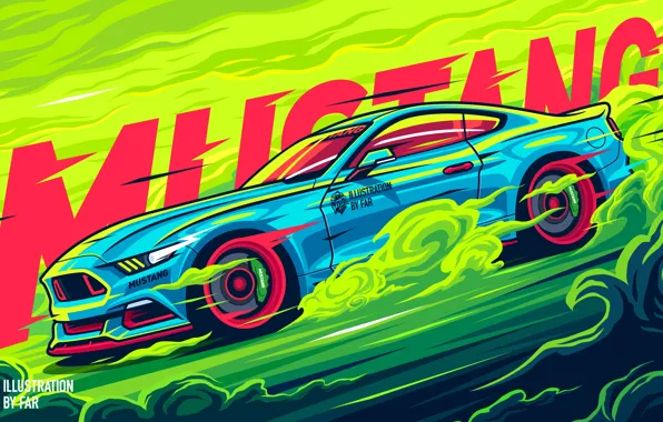 Car, Ford, smoke, digital art, artwork, vehicle, illustration, muscle cars