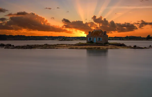 Picture sunset, house, island