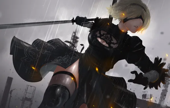 Picture movement, rain, sword, mask, blonde, sword, rain, structure