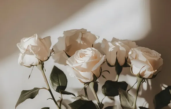 Leaves, flowers, wall, roses, bouquet, shadows, white, AI art