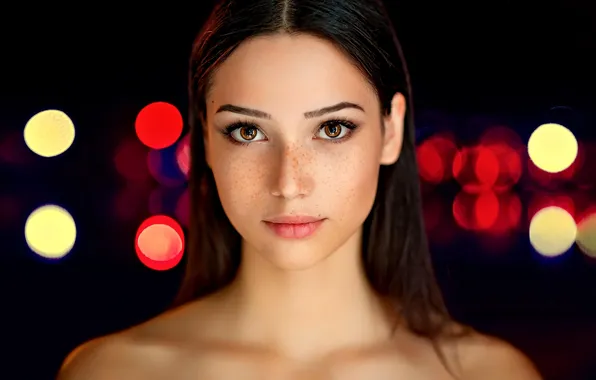 Picture lights, girl, brown eyes, bokeh, lips, look, bare shoulders, Maria Voloh