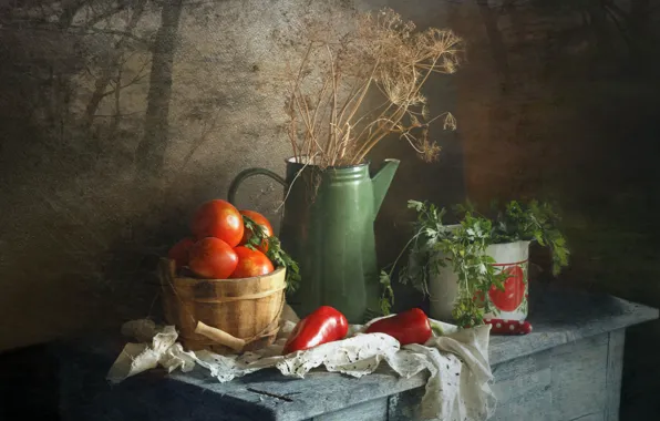 Greens, branches, table, towel, kettle, dill, pan, pepper