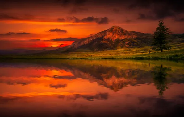 The sky, clouds, landscape, mountains, reflection