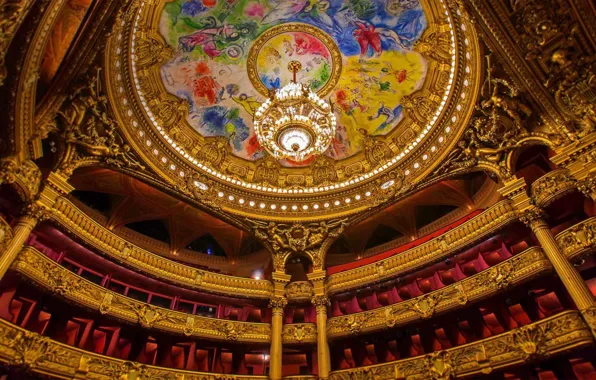 France, Paris, the ceiling, chandelier, theatre, painting, Marc Chagall, Opera Garnier