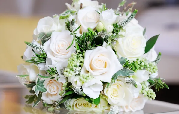 Picture leaves, flowers, table, roses, bouquet, white