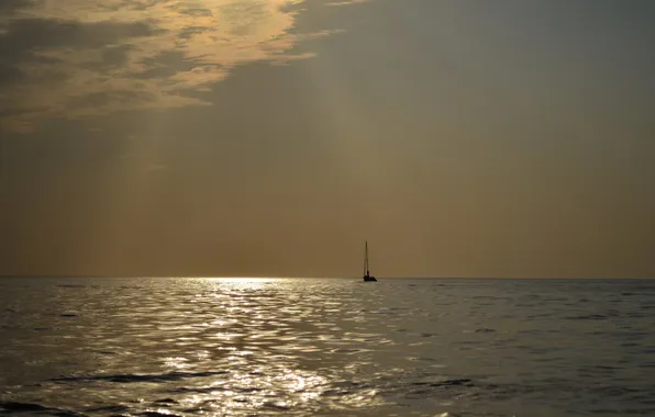 Sea, the sky, dreams, clouds, romance, ship, the evening, silhouette