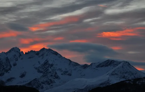 Picture winter, the sky, clouds, snow, sunset, mountains, nature, rocks