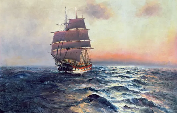 Picture sea, the sky, landscape, ship, picture, sails, Alfred Jansen