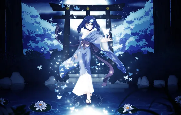 Girl, trees, butterfly, night, pond, the moon, anime, yukata