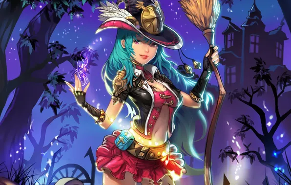 Girl, magic, hat, art, witch, broom, Halloween, Annie