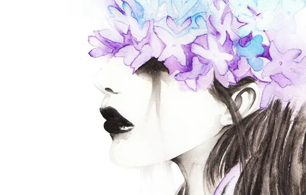 Flowers, figure, Girl, watercolor, black lips