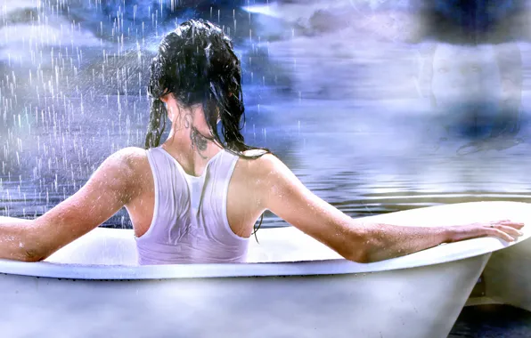 Girl, rain, mood, bath, installation