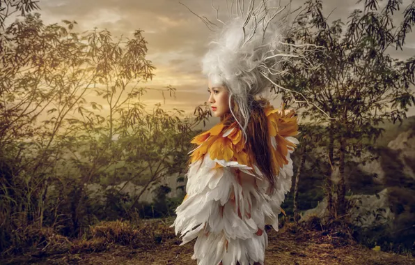 Picture girl, style, feathers
