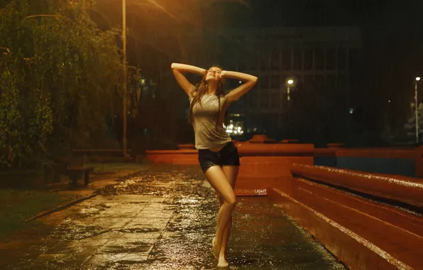 Girl, rain, street, shorts, wet, Elena, Alexander Drobkov-Light