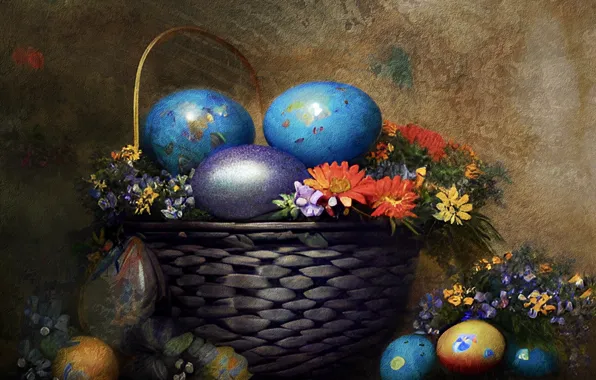 Flowers, eggs, Easter, basket, painted, AI art, neural network